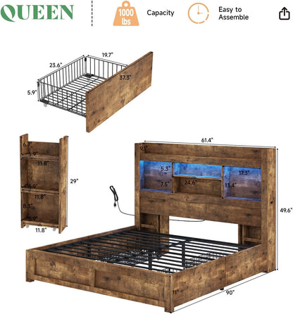 amerlife queen bed frame with bookcase headboard & shown in use