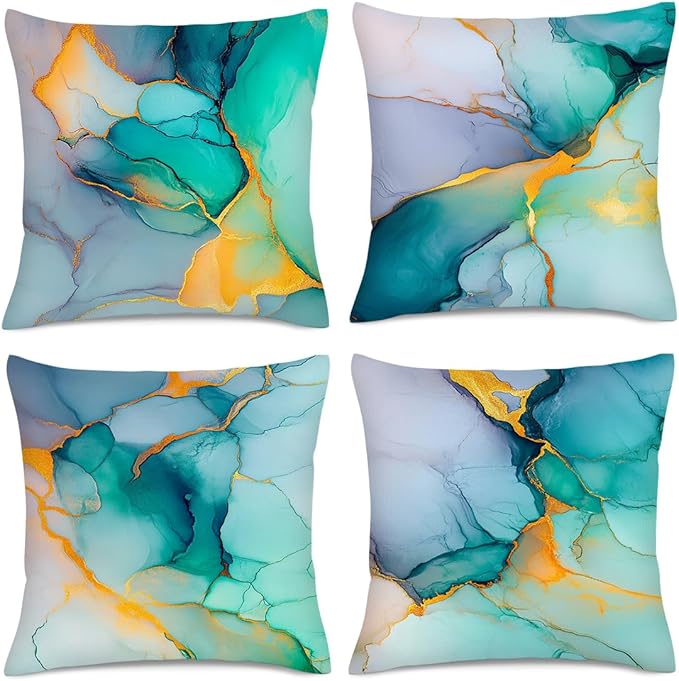 Marble Texture Turquoise Decorative Throw Pillow Covers Teal Gold Pillow Cases by Unknown