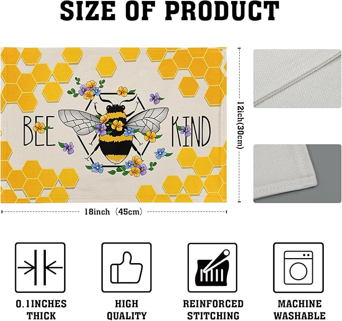 Giwawa Bee Kind Placemats Set of 4-12"x18" Summer Bees Floral Linen Place Mat- - Image 4
