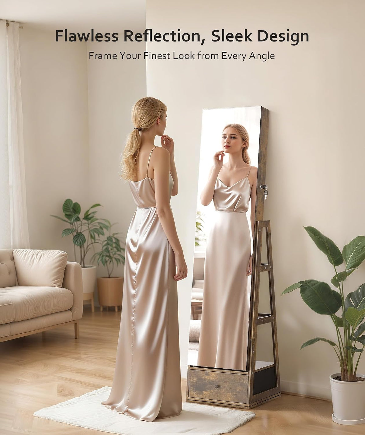 nicetree 360° swivel jewelry cabinet, full length mirror showing dimensions