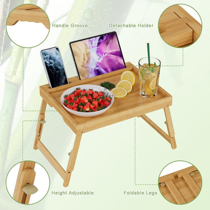 artmeer adjustable bamboo bed tray table with device, side view