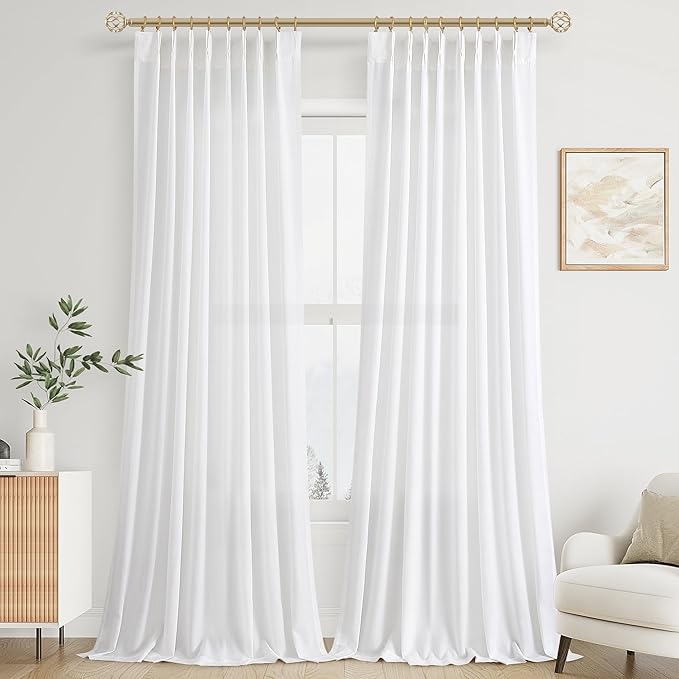 Soft White Pinch Pleat Linen Curtains 120 Inch Length 2 Panels Set by Aersas