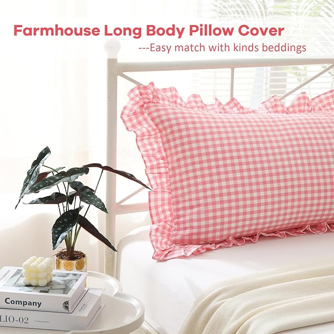 Coral Pink White Plaid Ruffled Gingham Body Pillow Cover, 100% Washed Cotton - Image 3