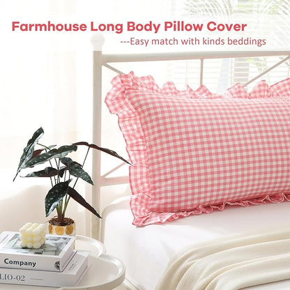Coral Pink White Plaid Ruffled Gingham Body Pillow Cover, 100% Washed Cotton - Image 3