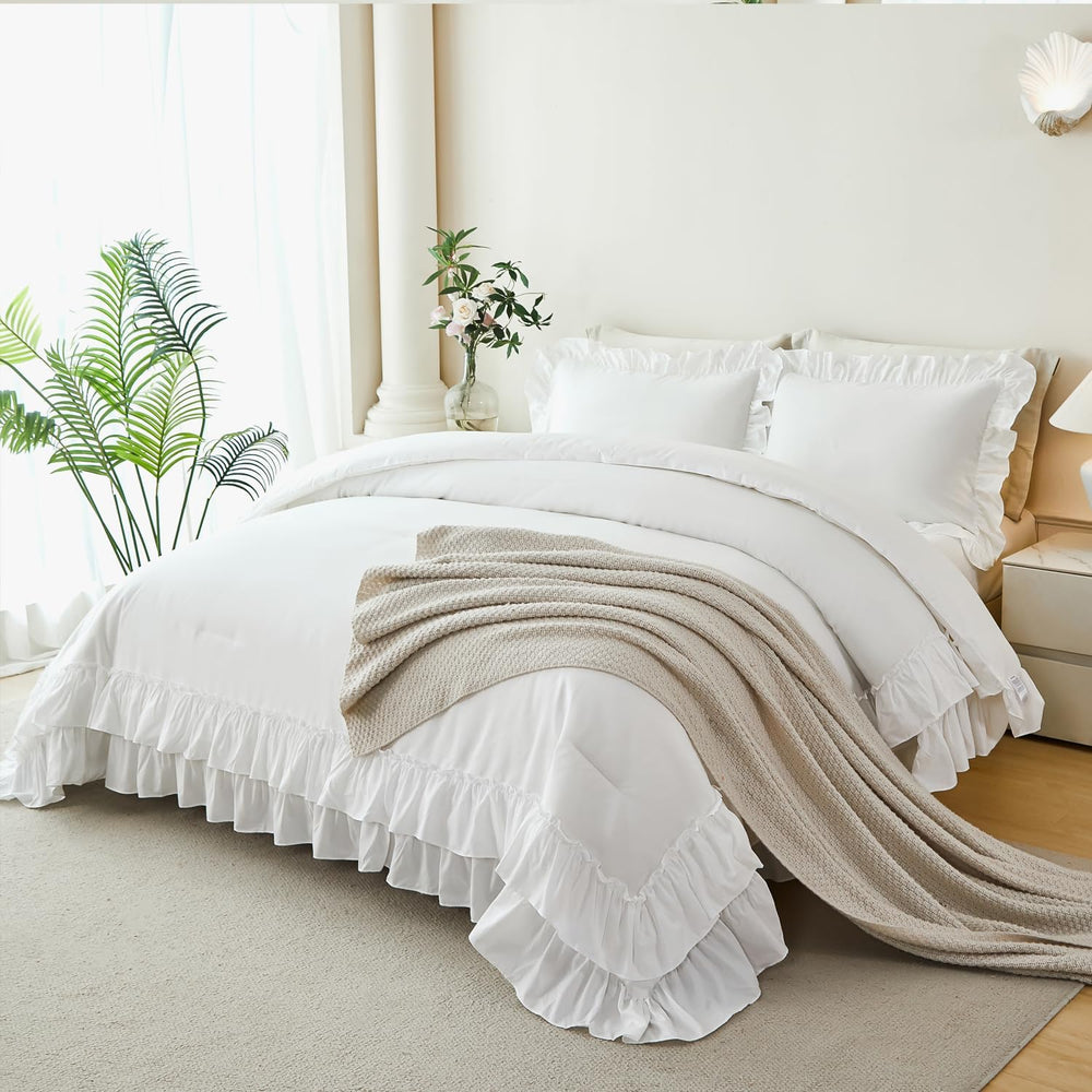 ANGIYUIN White Full Ruffle Comforter Set 5Pcs Bed in A Bag with Sheets