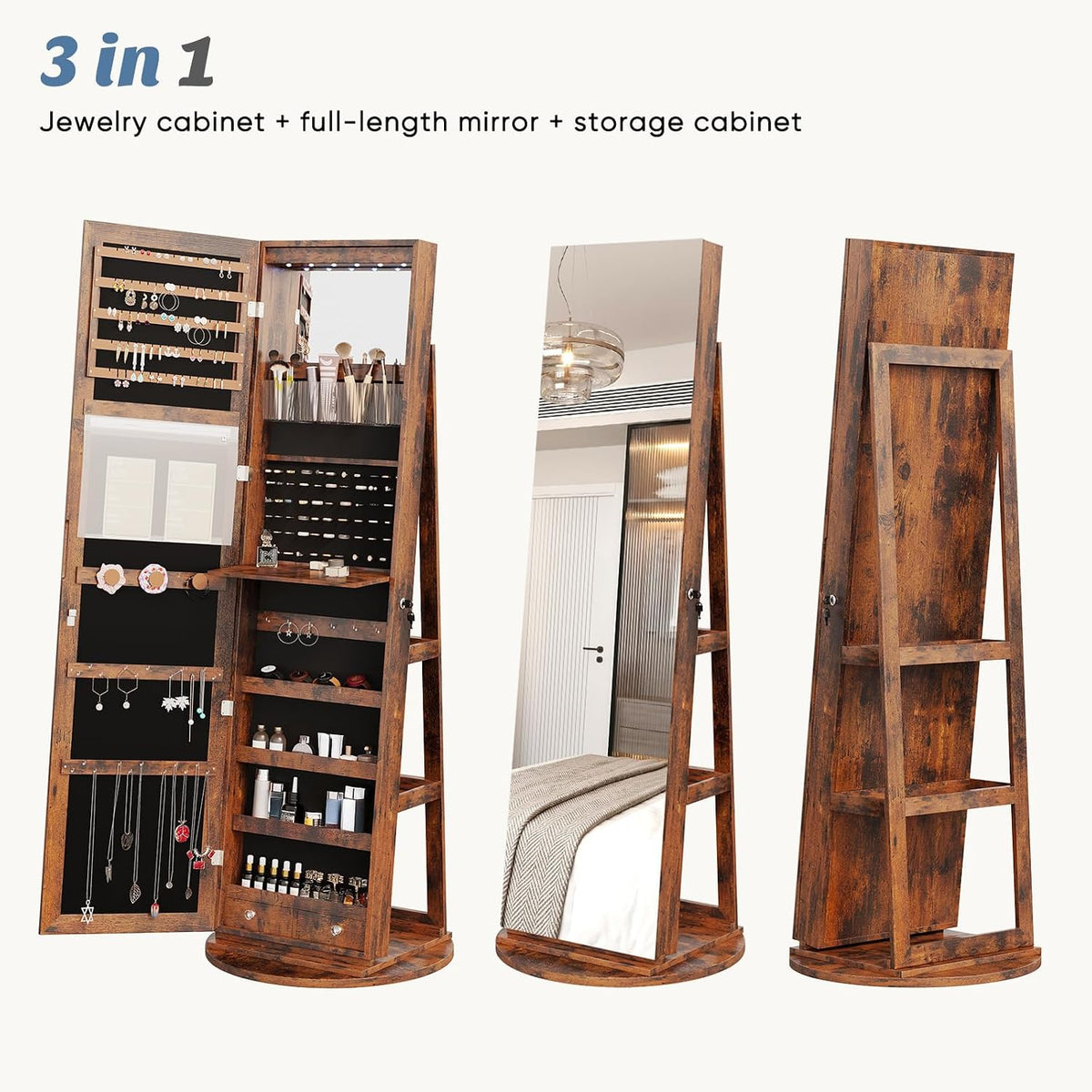 olixis 360° swivel jewelry cabinet with light, lockable, side view