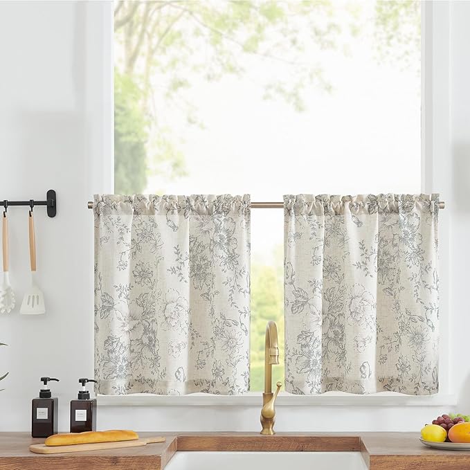 jinchan Floral Linen Tier Curtains Grey Flower on Beige Cafe Curtains 24 Inch by JINCHAN