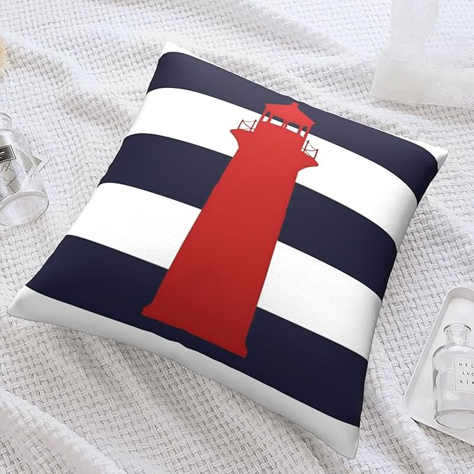 Myshe Square Nautical Red Lighthouse On Navy Blue Stripes Throw Pillow Cover - Image 7