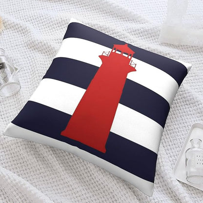 Myshe Square Nautical Red Lighthouse On Navy Blue Stripes Throw Pillow Cover - Image 7