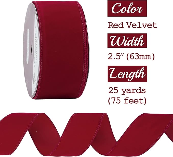 MEEDEE Red Velvet Wired Ribbon 2.5 Inch Wide Red Ribbons 25 Yards Spool Velvet - Image 2
