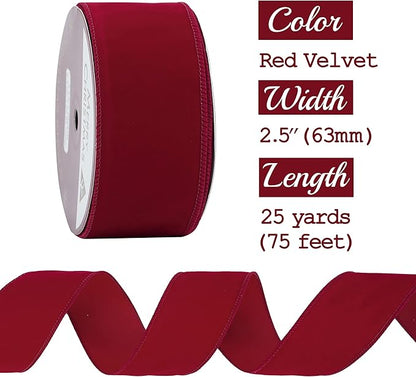 MEEDEE Red Velvet Wired Ribbon 2.5 Inch Wide Red Ribbons 25 Yards Spool Velvet - Image 2