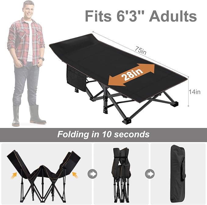 ABORON Camping Cot for Adult 28" Extra Wide, 2PK Heavy-Duty 1200D Oxford Cot - Image 6