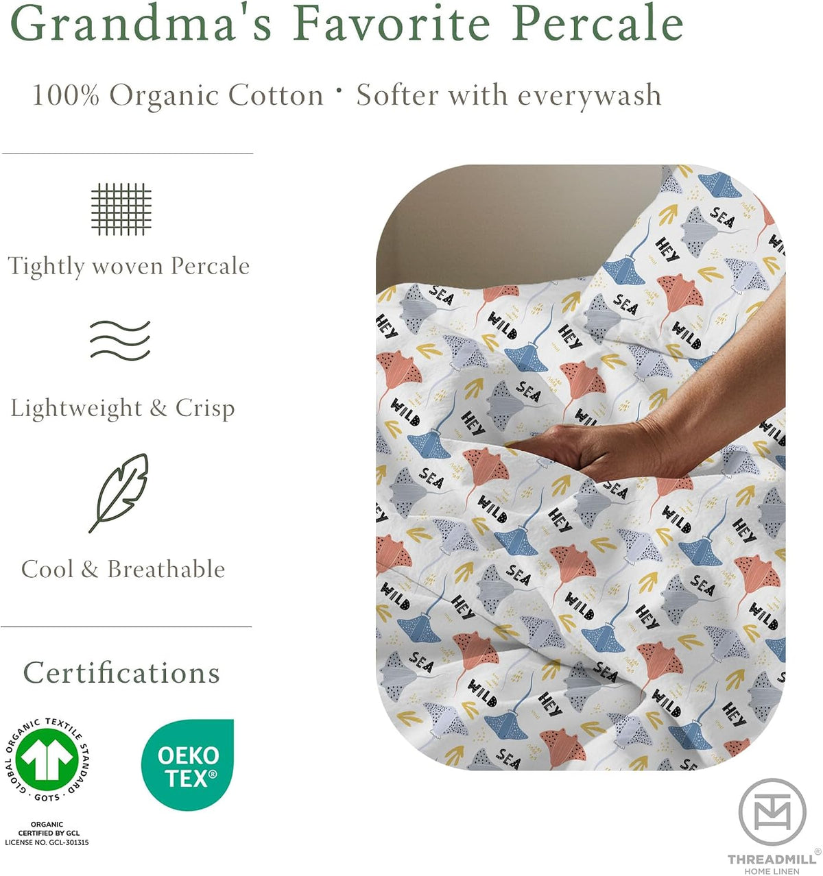 threadmill organic cotton twin xl sheet set, percale shown in use