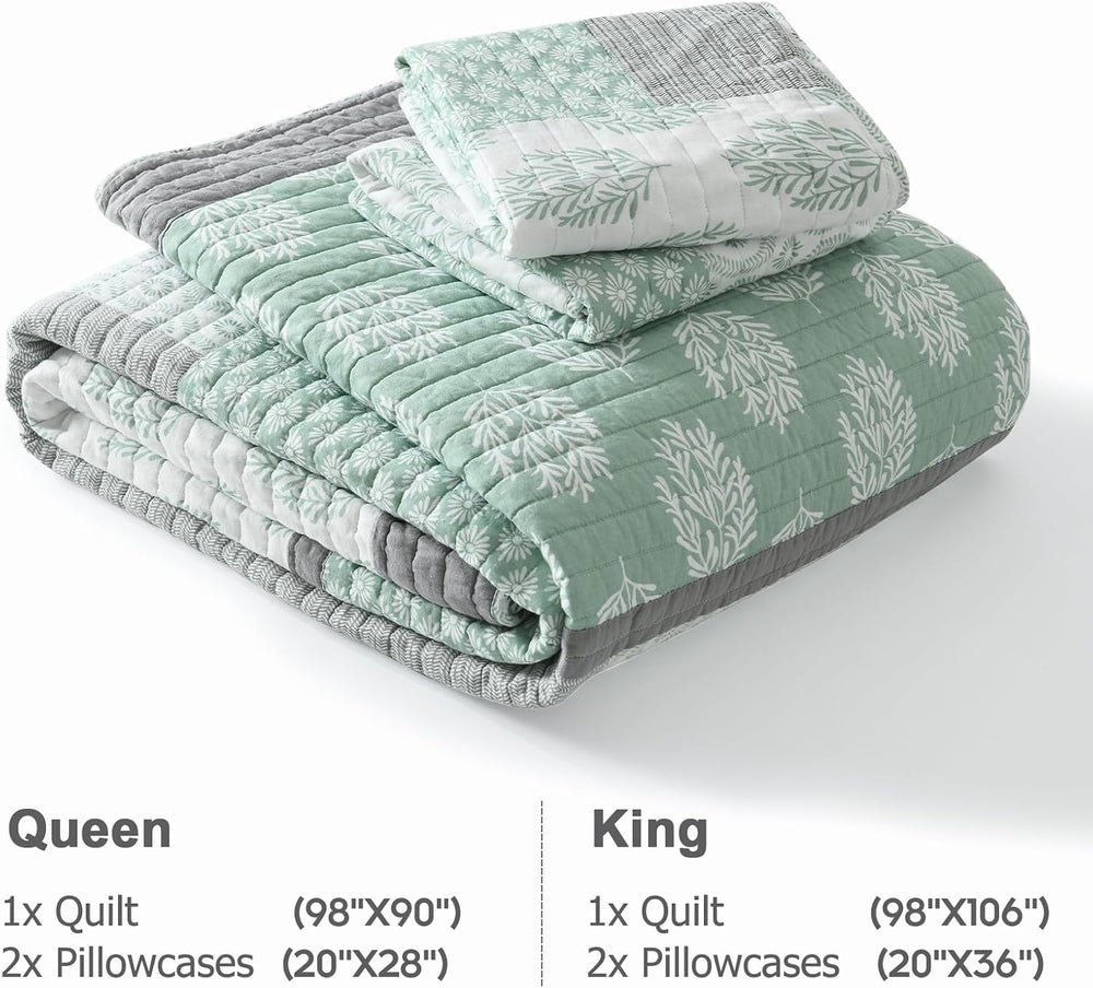 Finlonte Quilts Queen Size, 100% Cotton Queen Comforter Set, Green Grey Farmh...