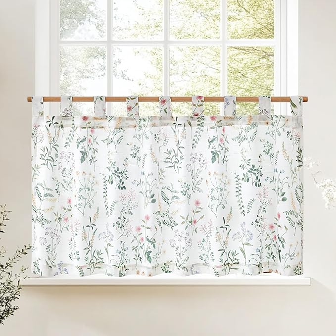 JINCHAN Linen Kitchen Curtain Floral Printed Tier Curtain 24 Inch Farmhouse by JINCHAN