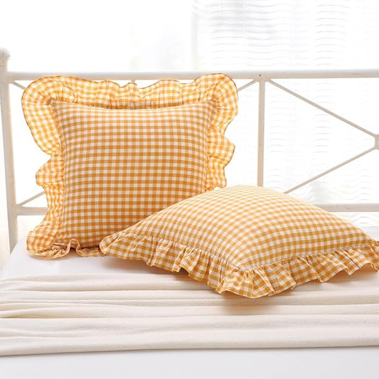 Mustard Yellow Plaid Ruffle Decorative Throw Pillow Covers by Mywinlle