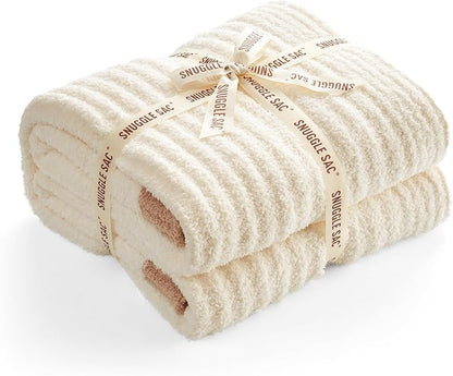 Snuggle Sac Fluffy Ribbed Cream Blanket Twin Size, Soft Luxurious Knit Throws - Image 2