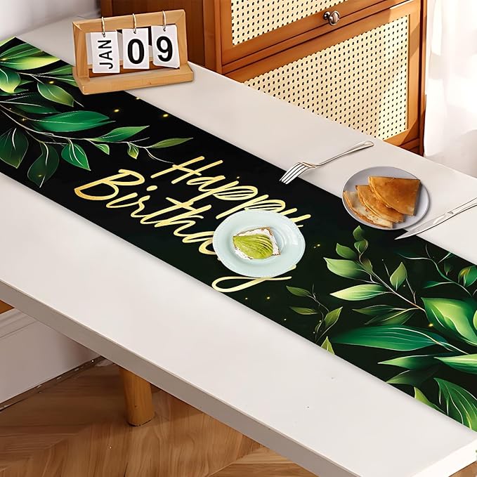 Happy Birthday Table Runner – Green Leaf and Gold Lettering Party Table Decor – - Image 7
