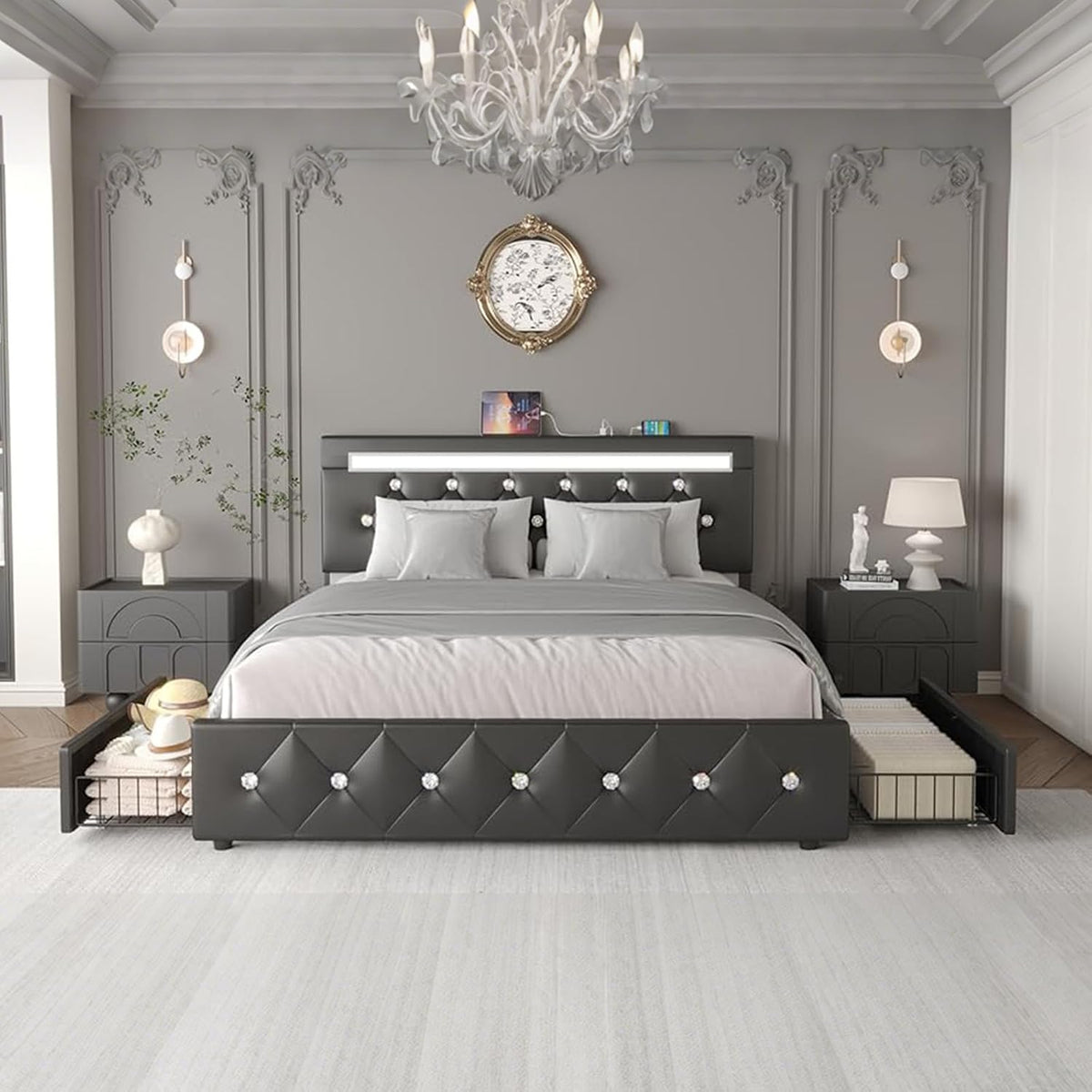 bed frame queen size with led light and, main product view