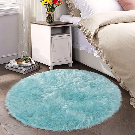 Latepis Blue Round Rugs 6ft Faux Sheepskin Fur Large Circle Rug by Latepis