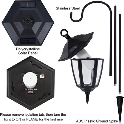 Dynaming 4 Pack Solar Halloween Flame Hanging Lights Outdoor, Flickering Flame LED Garden Lanterns with 4x38 Inch Shepherd Hooks, Landscape Lighting Waterproof for Lawn Yard Pathway Driveway, Purple