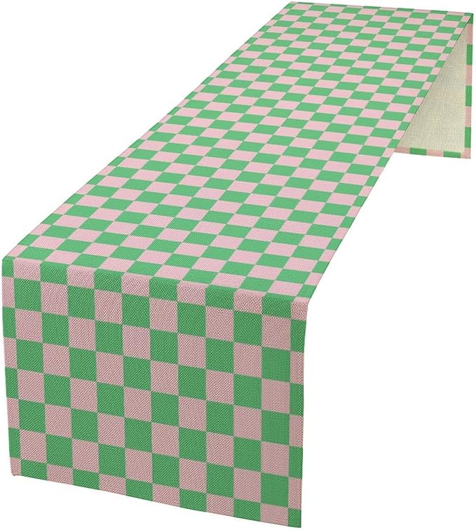 Retro Checkered Table Runner, Cute Pink Green Checkerboard Vintage Hippie by Unknown