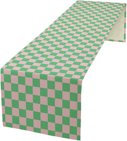 Retro Checkered Table Runner, Cute Pink Green Checkerboard Vintage Hippie by Unknown