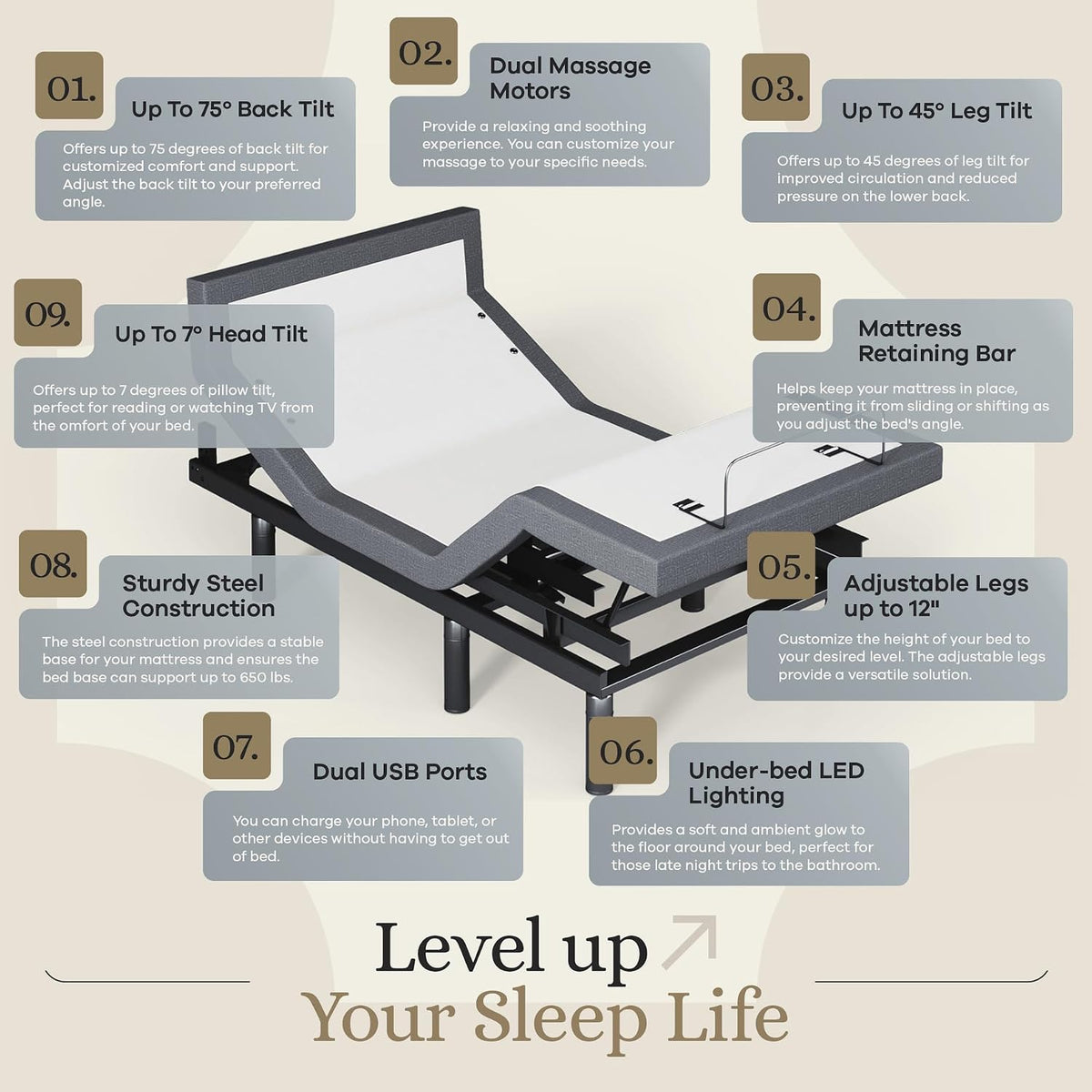 sven & son harmony adjustable bed base, head showing dimensions