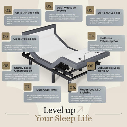 sven & son harmony adjustable bed base, head showing dimensions