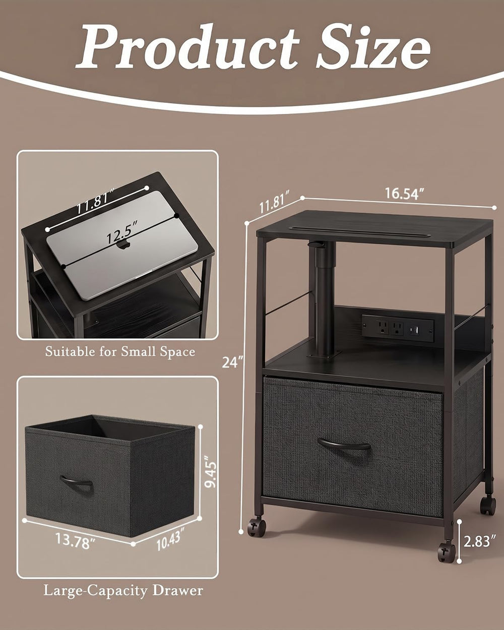Faesun Night Stand with Charging Station & Swivel Top, Black Gray