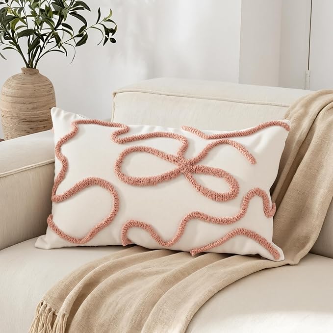 Pink Coquette Bow Throw Pillow Cover 12x 20, Boho Tufted Neutral Linen Pillow by RinRinfam