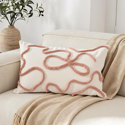 Pink Coquette Bow Throw Pillow Cover 12x 20, Boho Tufted Neutral Linen Pillow by RinRinfam