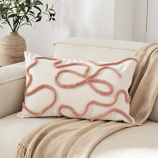 Pink Coquette Bow Throw Pillow Cover 12x 20, Boho Tufted Neutral Linen Pillow by RinRinfam