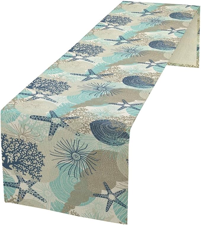 Ocean Starfish Table Runner, Coastal Coral Starfish Seaside Nautical Beach by ShiTingYu