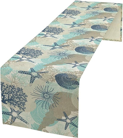 Ocean Starfish Table Runner, Coastal Coral Starfish Seaside Nautical Beach by ShiTingYu