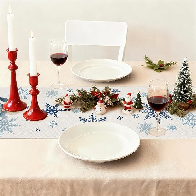 OTOSTAR Snowflakes and Blue Snowman Christmas Table Runner, Xmas Seasonal - Image 9