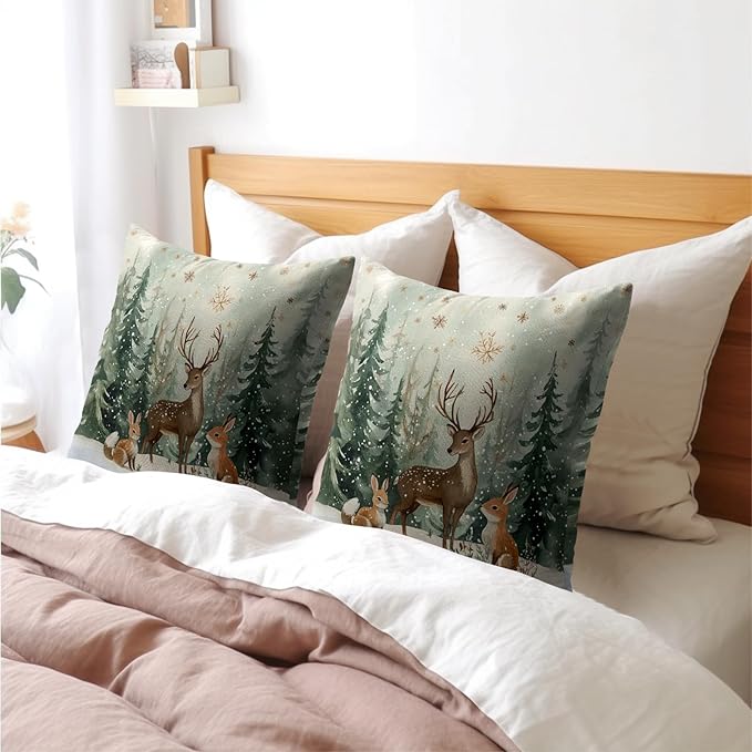 Xmas Reindeer Throw Pillow Cover 24x24 Inch Set of 2 Winter Trees Snowflake - Image 8