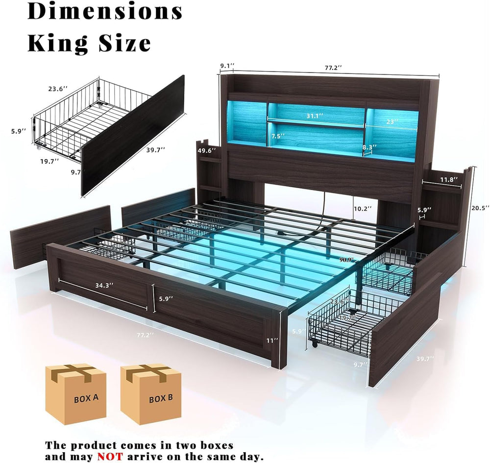 King Size Bed Frame with Bookcase Headboard & Storage, Black