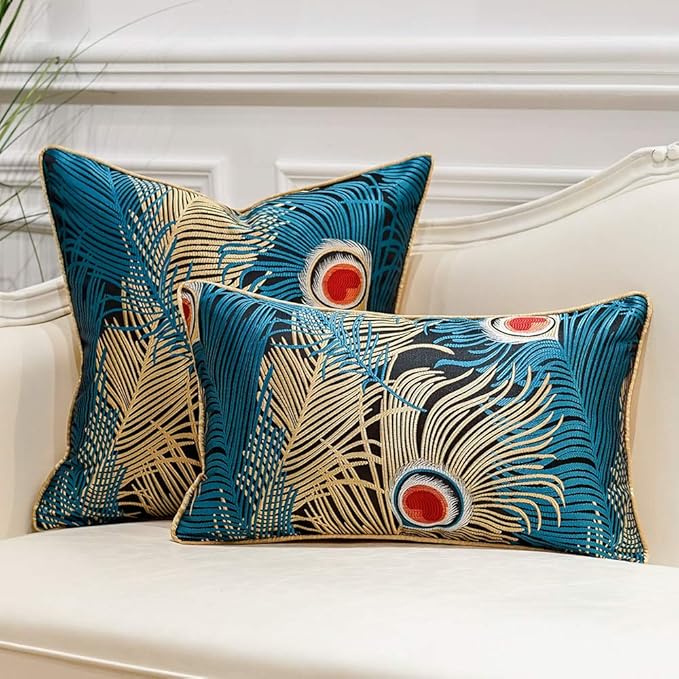 Avigers 12 x 20 Inches Navy Blue Gold Peacock Feathers Cushion Cases Luxury - Image 2