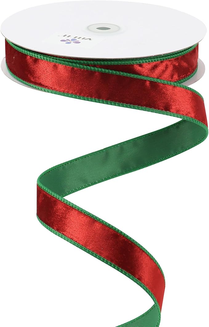 MEEDEE Crushed Red Velvet & Green Back Double Sided Christmas Wired Ribbon by MEEDEE
