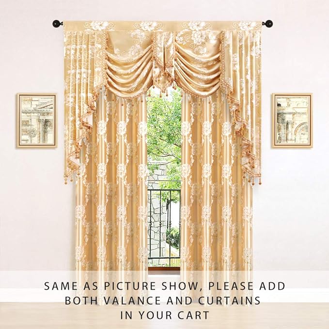 ELKCA Golden Jacquard Swag Waterfall Valance Luxury Curtain Valance - Image 2