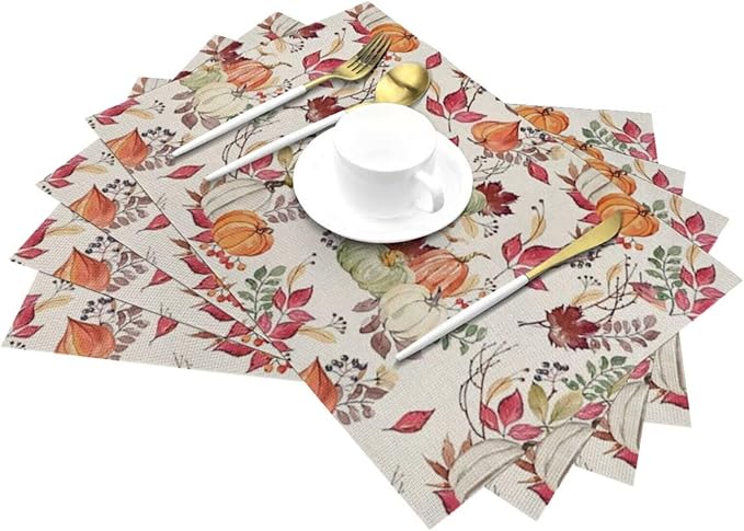 Fall Placemats Set of 4, Pumpkin Maple Leaf Flower Decorative Table Mat 12 x 18 - Image 3
