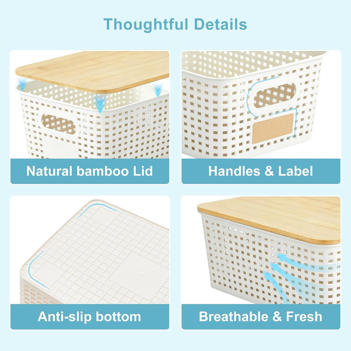 bagnizer small plastic storage bins with bamboo lids, front angle view
