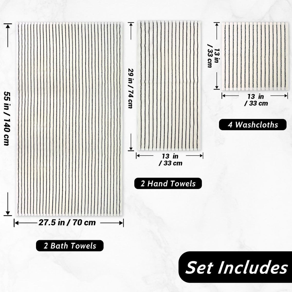 8 piece black and ivory towel set, super, side view