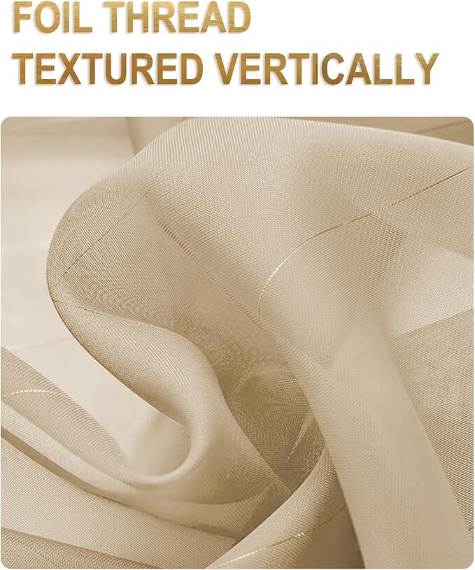 Foil Stripe Taupe Sheer Curtains 63 inches Length 2 Panels - Image 2