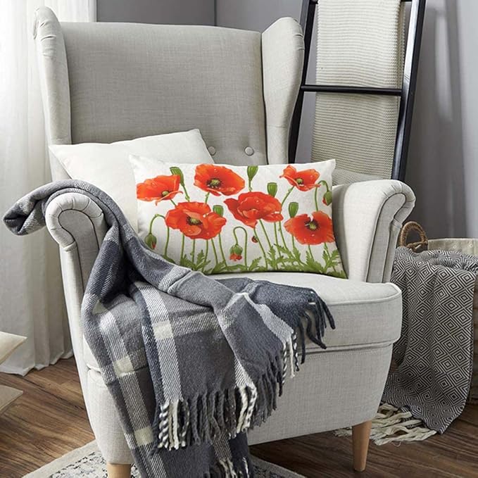 TKS MITLAN Red Poppy Pillow Covers 12 x 20 Inch Spring Flowers Rustic Linen - Image 3