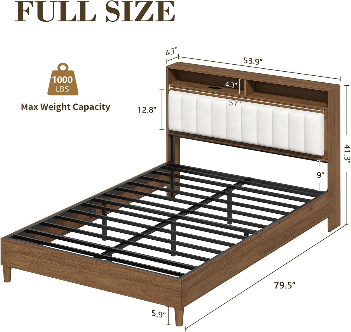 cszzd wood bed frame full size with charging shown in use