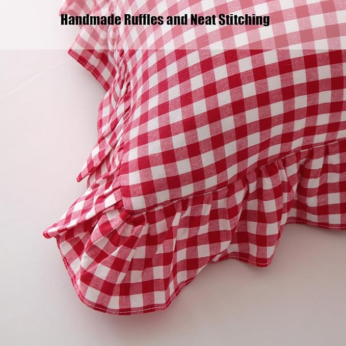 Red/White Checkered Ruffle Throw Pillow Covers Set of 2, Plaid Washed Cotton - Image 6