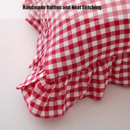 Red/White Checkered Ruffle Throw Pillow Covers Set of 2, Plaid Washed Cotton - Image 6