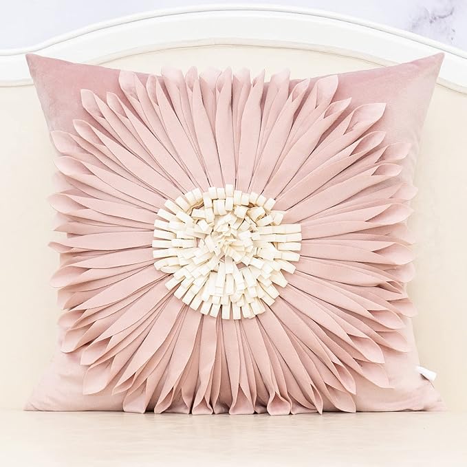 Alerfa 3D Flower Handmade Throw Pillow Cover Decorative Pink Velvet Pillowcase by Alerfa